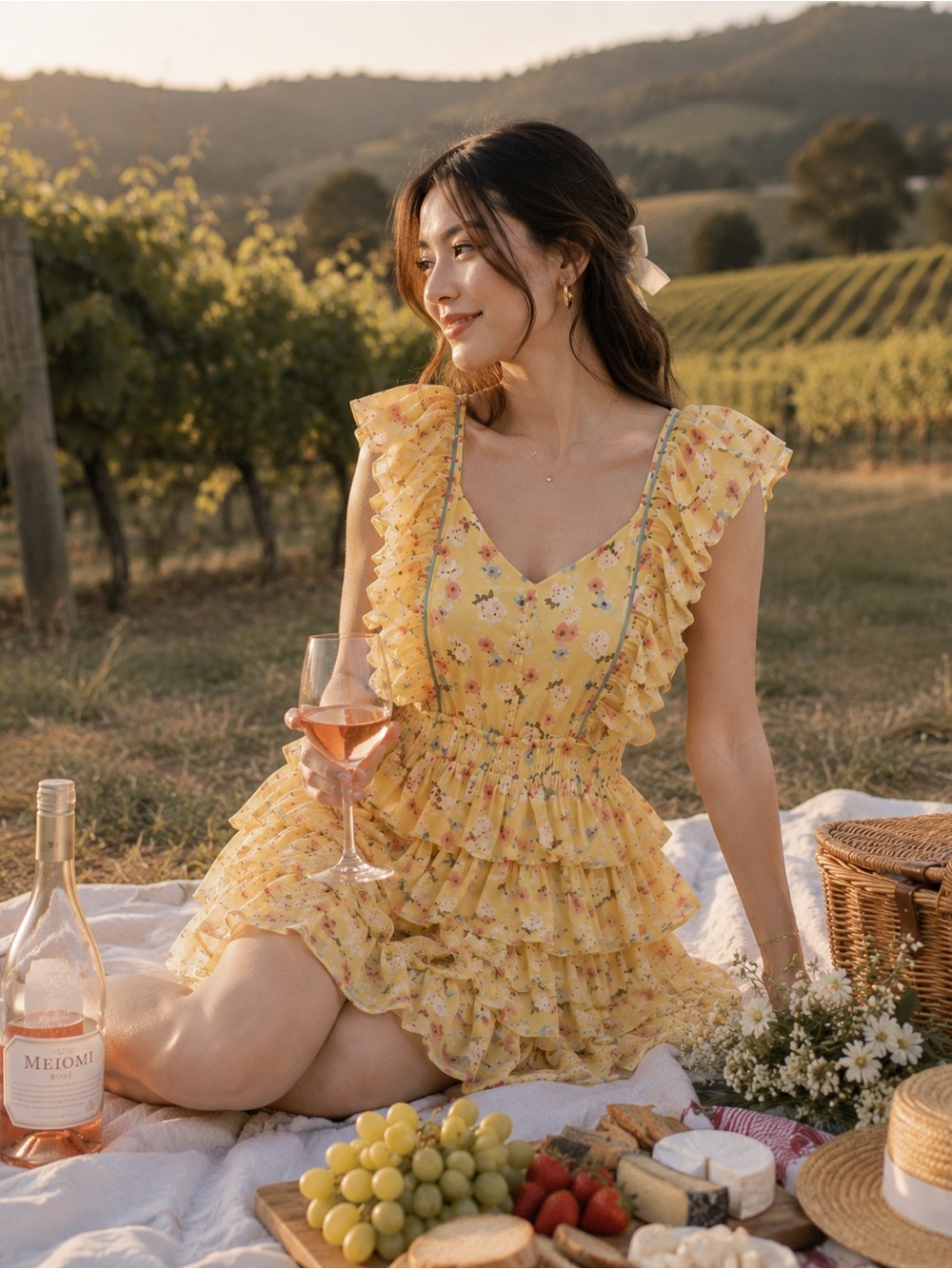 LoveShackFancy “Phyllis” Yellow Floral Ruffle Mini Dress ~ Sz Large